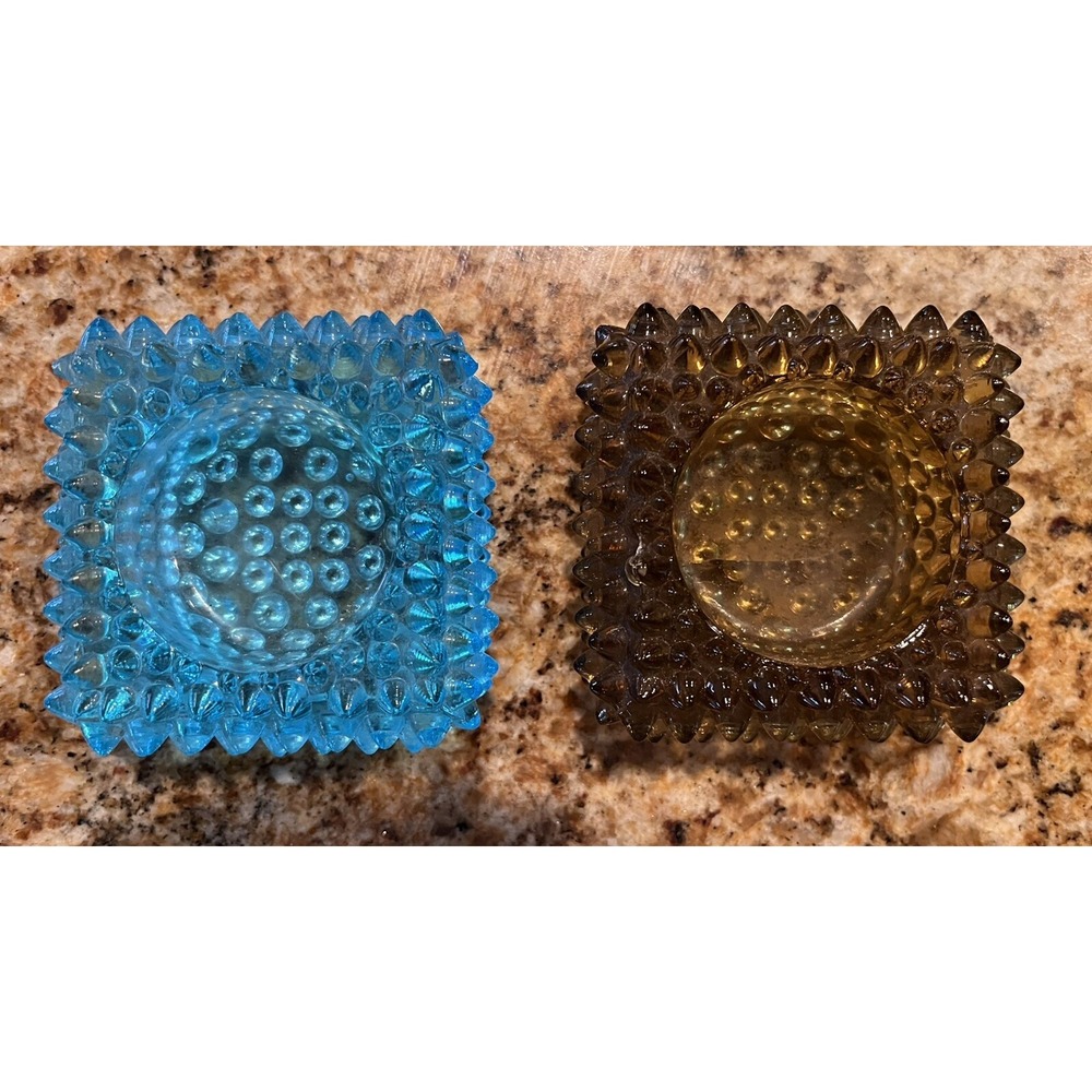 VTG Set Fenton Hobnail Glass Square Salt Cellars Votive Holders Blue & Amber 3"‎